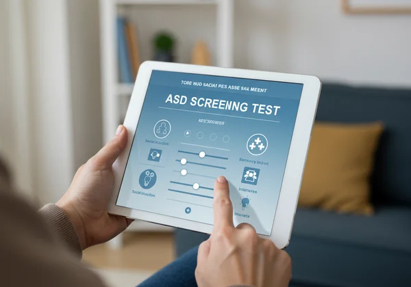 Person taking an online autism screening test on a tablet.