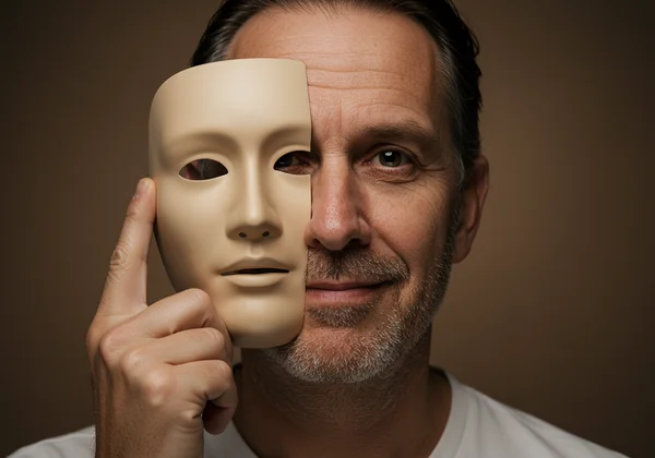 Person removing a mask, revealing authentic, content self.