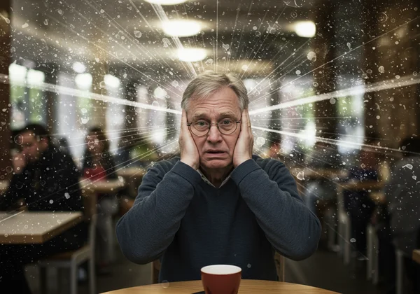 Person overwhelmed by loud sounds, bright lights, sensory overload.