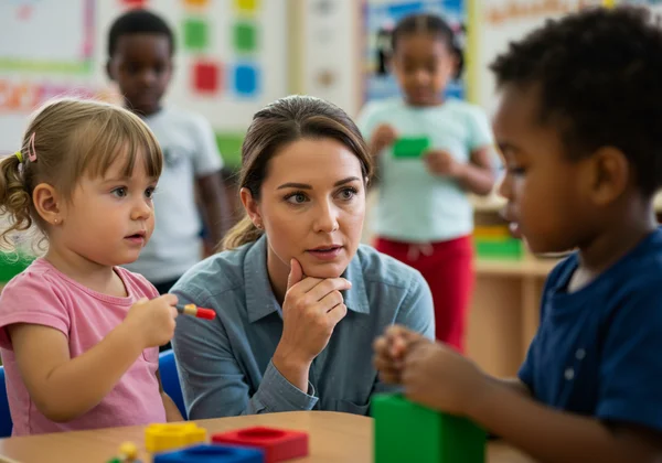 Seorang pendidik memerhatikan interaksi kanak-kanak yang pelbagai di dalam bilik darjah.
