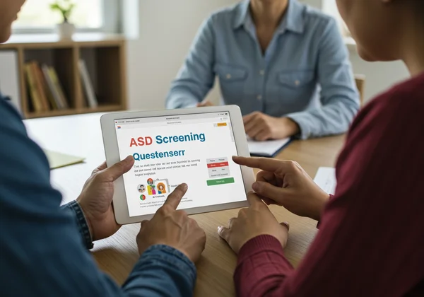 Ibu bapa menyemak saringan ASD dalam talian pada tablet.