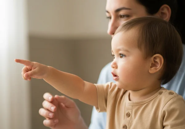 Toddler pointing to an object, showing joint attention
