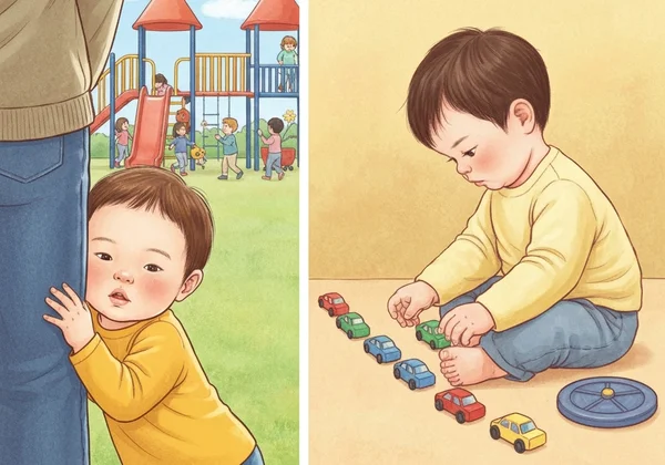 Visual of two toddlers, one shy, one with unique interaction