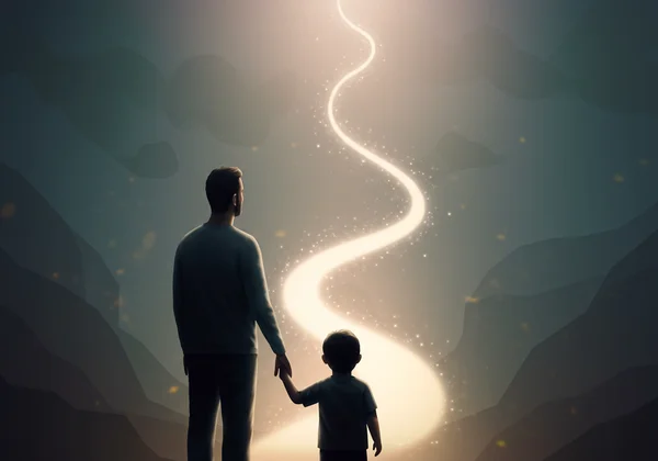 Parent and child exploring information on a tablet, guided by light.