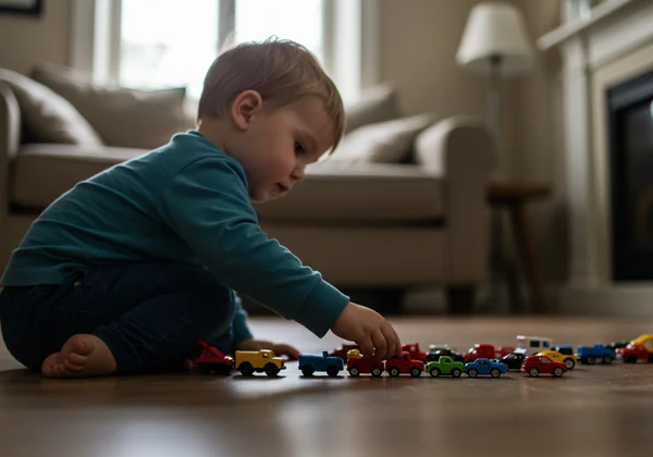 Toddler focused on lining up toy cars, not engaging socially.