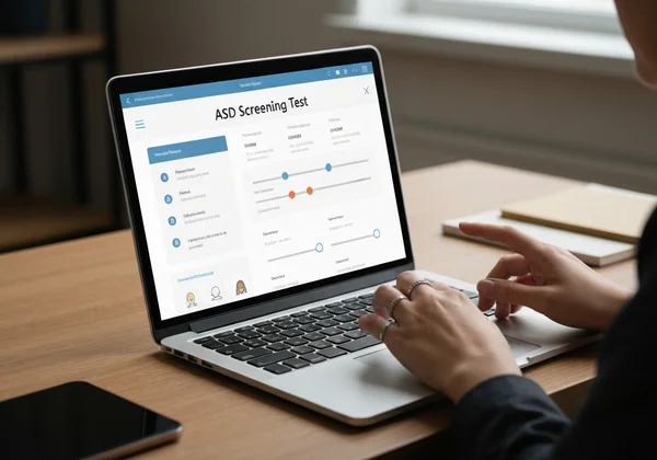 Hand using a tablet to take an online ASD screening test
