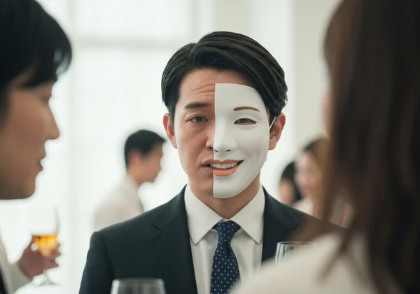 Person 'masking' with a subtle, forced smile in a social setting