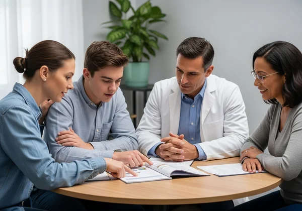 Professionals and family supporting an autistic teen